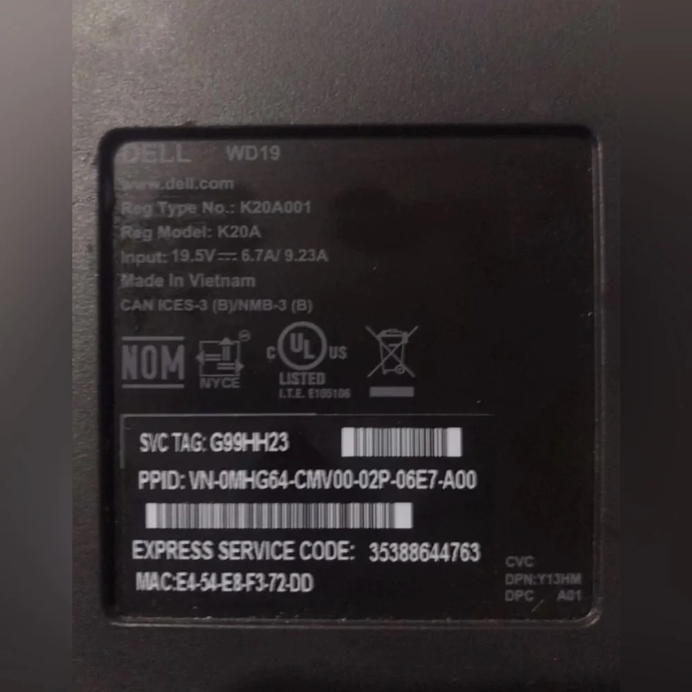 Dell WD19 USB Type-C Docking Station Black K20A001 K20A AC Supply Included 130w